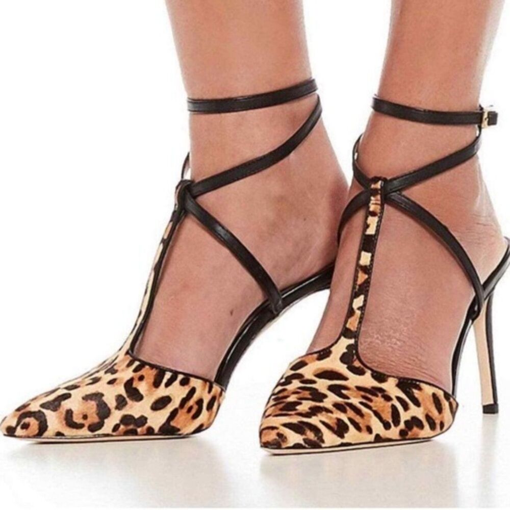 Antonio Melani Leopard Calf Hair Ankle Strap Heels 9.5M Pointed Toe Pumps Glam